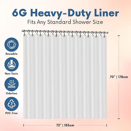 No Smell Shower Curtain Liner 72x72 White - PEVA Plastic Shower Curtain for Bathroom, PVC-Free Waterproof Shower Liner with Metal Grommets and Magnet-Weighted Bottom Hem - Washable Inner Liner thumbnail 2