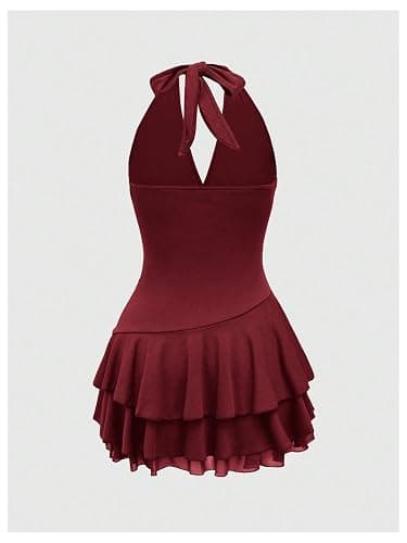 SOLY HUX Women's Summer Halter Backless Mini Dress Flowy Sleeveless V Neck Tie Back A Line Western Casual Sun Dresses thumbnail 2