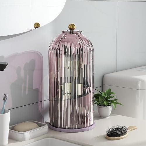 Zufudo Dustproof Toothbrush Holders with Cover, Rotating Electric Toothbrush and Toothpaste Holder for Bathroom Countertop, 3 Slots Makeup Brushes Organizer, All Pink thumbnail 7