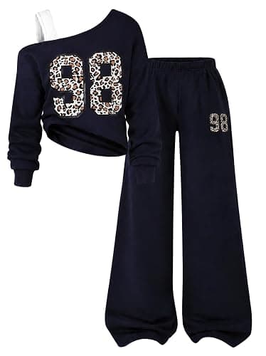 Kxuryueo Tween Girls Clothes Off The Shoulder Sweatshirt and Wide Leg Sweatpants Sweatsuit Size 7-14 - Image 1