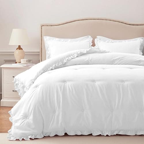 HARBOREST Full Comforter - White Ruffle Comforter for Full Size Bed, Fluffy Comforter Set for All Seasons, 3 Pieces Shabby Chic Bedding Set(1 Comforter & 2 Pillow Shams) - Image 1