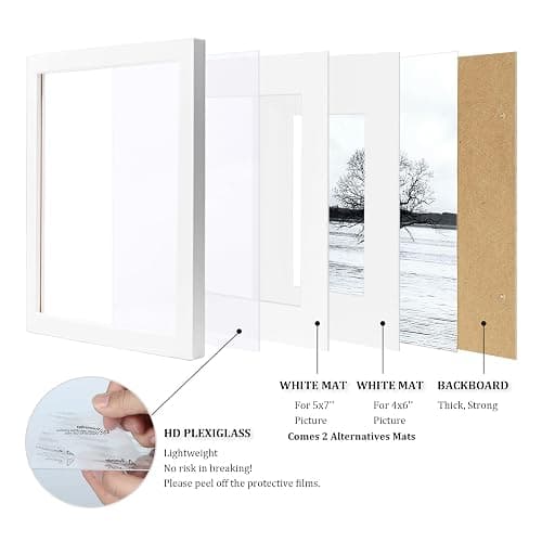 Egofine 8x10 Picture Frames Set of 4, Made of Solid Wood Covered by Plexiglass 4x6 and 5x7 with Mat or 8x10 without Mat, for Table Top Display and Wall Mounting Photo Frame White thumbnail 5