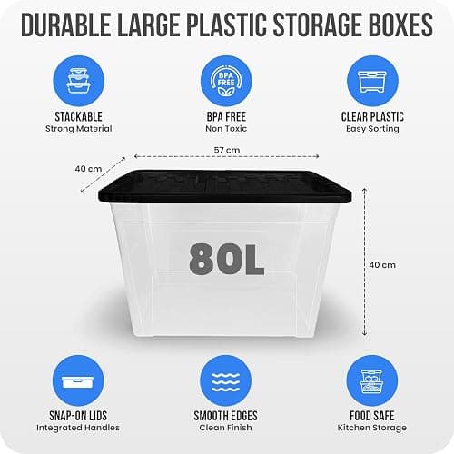KAPCO 80L Plastic Storage Box with Black Lid (Pack of 3) | Large, Stackable, Strong, Durable Clear Box Containers for Home & Office | Multipurpose Storage Tubs | 57 x 40 x 40cm | 80 Litre - 3 Pack thumbnail 2