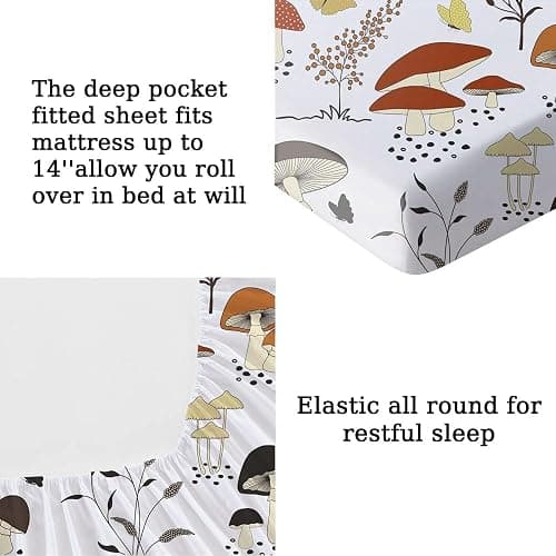MUSOLEI Mushroom Bedding Set, Full, 3Pc, Deep Pocket, Cottagecore, for Kids, 03, Polyester Microfiber, Breathable, Fade Resistant, 54x75in, Includes Fitted Sheet & 2 Pillowcases thumbnail 4