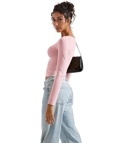 SUUKSESS Women Double Lined Fitted Basic T Shirts Scoop Neck Long Sleeve Crop Top thumbnail 5
