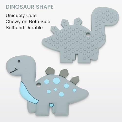 Teething Toys for Babies, Baby Teethers with Clip Silicone Baby Teether Toys for Boys and Girls Infant Teething Relief for Teething Dinosaur Shape, Gray thumbnail 4