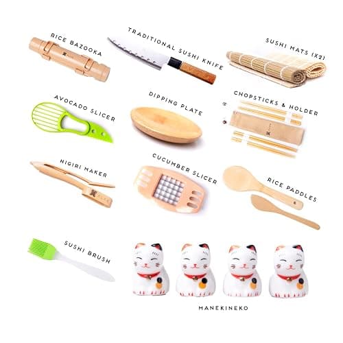Alas Complete 20 Piece Sushi Making Set - Kit for Beginners & Pros with Knife, 2 Mats, Rice Bazooka and Dipping Plate thumbnail 9
