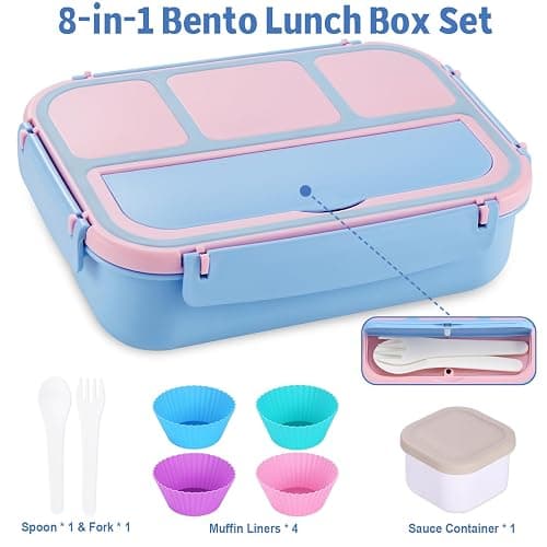 shell and turtle Bento Box Adult Lunch Box, Lunch Containers for Kids Girls Boys with 4 Compartments, Lunchable Food Container with Utensils, Sauce Jar, Muffin Liners, 40 Oz/5 Cup, Blue Pink thumbnail 6