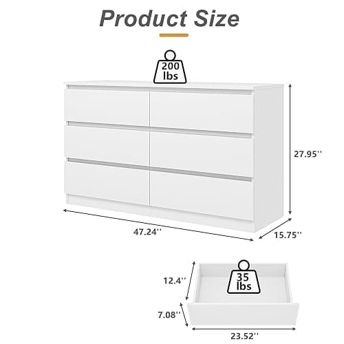 Spaco White 6 Drawer Dresser for Bedroom,48'' Modern Dresser with Deep Drawer,Wide Storage Chest of Drawers,Bedroom Storage Organizer Furniture,TV Stand for Living Room thumbnail 3
