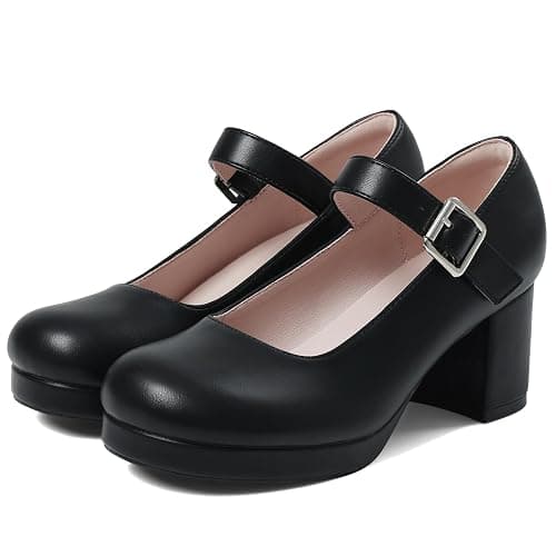 femflame Women's Low Chunky Heel Mary Jane Pumps Ankle Buckle Strap Sweet Round Toe Dress Shoes JK Cosplay Uniform Dress Shoes - Image 1