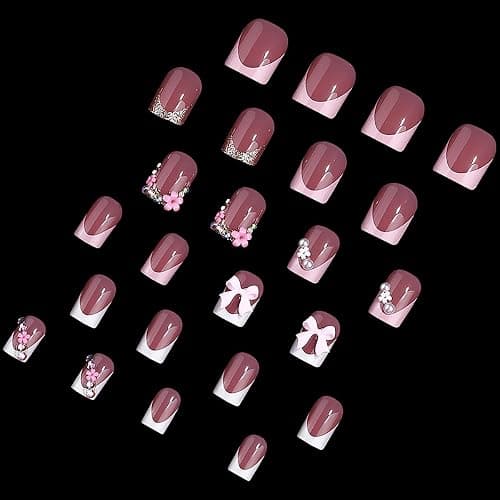 24Pcs Pink French Tip Press on Nails Short Square Fake Nails with Flower Bow Nail Charms Rhinestones Glue on Nails Cute Bows False Nails Artificial Acrylic Nails for Women Manicure Tips Decor - Bow Style-28 thumbnail 3