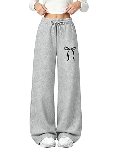 Teen Girl Cute Bowknot Baggy Sweatpants Kids Straight Leg Joggers Size 9-16 | Cotton blend fabric, Elastic drawstring waist, Fleece lining, Side pockets, Cute bow print, Suit for casual, athletic, school - Image 1