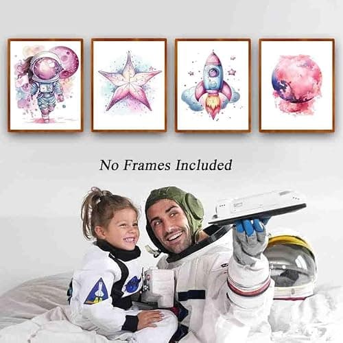 MOCVSWO Pink Outer Space Wall Art Prints,Watercolour Star Rocket Astronaut Posters for Nursery Decor Girls Room Decor Kids Bedroom Boys Playroom Classroom Decor,Set Of 4 (8X10inch,Unframed). thumbnail 5