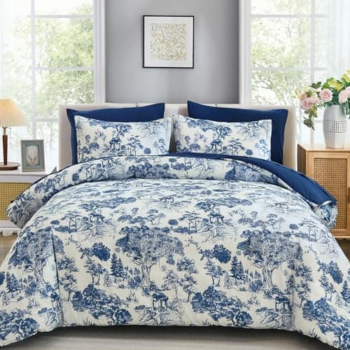 DJY Navy Blue Comforter Set Queen Size,7 Pieces Bed in a Bag Botanical Comforters with Sheets Elegant Plants Print Soft Microfiber Reversible Complete Bedding Sets for All Season - Image 1