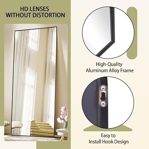 BEAUTYPEAK 21"x56" Full Length Mirror with Stand, ShatterVue Tempered Full Body Mirror, Floor Mirror with Aluminum Alloy Thin Frame, Free Standing or Wall-Mounted Mirror for Living Room, Black thumbnail 4