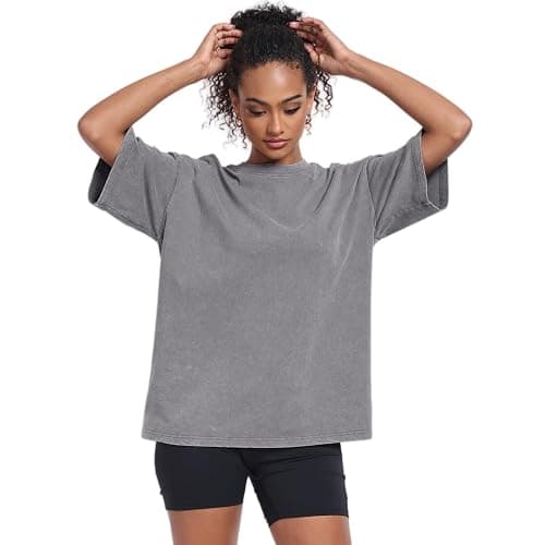 Womens Washed Vintage Oversized T-Shirt Baggy Workout Tops Short Sleeve Cotton Tshirts Streetwear Boyfriend Tee thumbnail 3