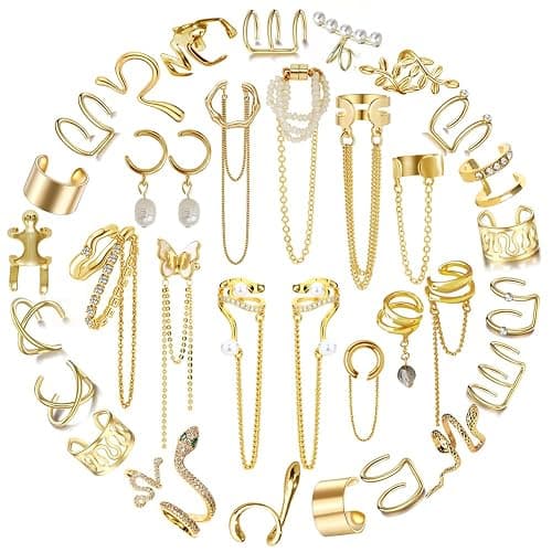 35 PCS Gold Silver Adjustable Ear Cuffs Earrings for Women Non-Piercing Cartilage Clip on Earrings Wrap Ear Jewelry Set,Punk Snake Butterfly Claw Stud Earrings for Women Gift - Image 1