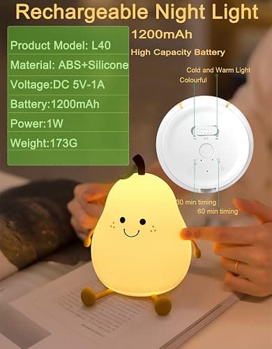 HAPPYBAG Cute Silicone Night Light for Kids,Dimmable Nursery Pear Lamps,Kawaii Room Decor Fruit Night Light Bedside Lamp for Baby and Toddler thumbnail 5
