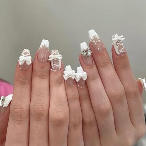 White Press on Nails Medium Coffin Fake Nails French Nails Press ons with Bow Tie Lace Design Full Cover Stick on Nails for Women Manicure,Reusable | Artificial | Nail Sticky Tabs | Easy Apply | 24Pcs - Image 1