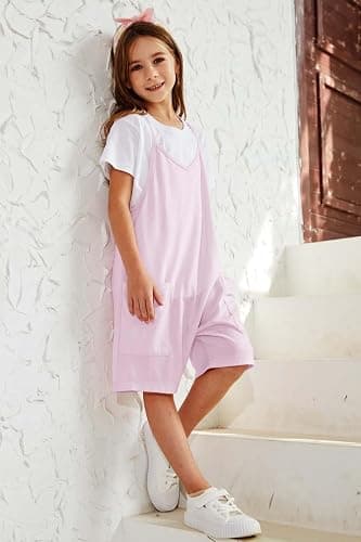 CharmWM Girls Summer Jumpsuits Spaghetti Strap Sleeveless Loose Romper Short Pants with Pockets 5-14 Years thumbnail 4