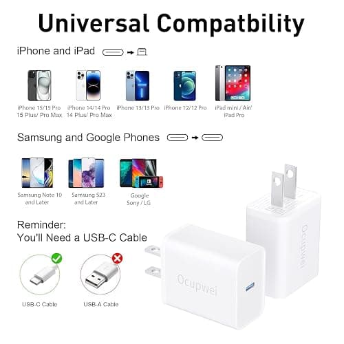 USB C Charger Block 20W, Ocupwei PD 3.0 Fast Charging Wall Charger USBC Power Adapter Type C Brick Cube for iPhone 17/Pro/Pro Max/17 Air/ 16/16 Pro/16 Pro Max/15/Plus/Pro/Pro Max [2 Pack] thumbnail 4