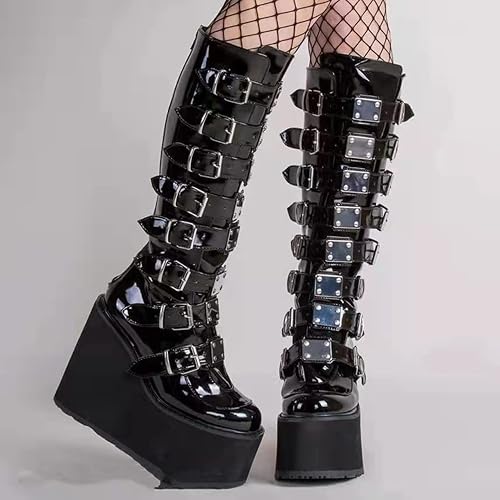 HINDOLA Womens Platform Punk Goth Mid Calf Boots Rivets Metal Decoration Back-Zip Knee High Motorcycle Booties Combat Boots thumbnail 2