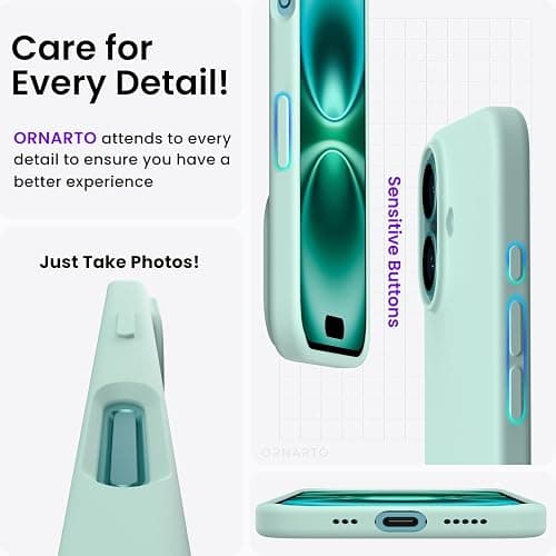 ORNARTO Compatible with iPhone 16 Case 6.1", Slim Liquid Silicone 3 Layers Full Covered Soft Gel Rubber Shockproof Phone Case, Protective Cover with Anti-Scratch Microfiber Lining-Mint Green thumbnail 5
