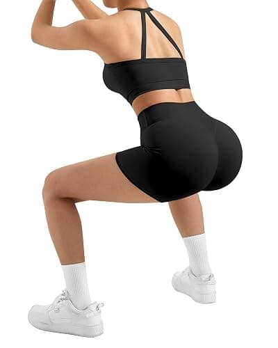SUUKSESS Women 2 Piece Workout Sets High Waisted Tummy Control Biker Shorts Halter Padded Tank Tops thumbnail 3