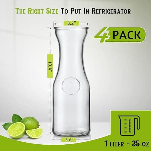NETANY Set of 4 Glass Carafe with Lid, 1 Liter Beverage Serveware Carafe, Clear Glass Pitcher for Mimosa Bar, Brunch, Cold Water, Juice, Milk, Iced Tea, Lemonade thumbnail 3