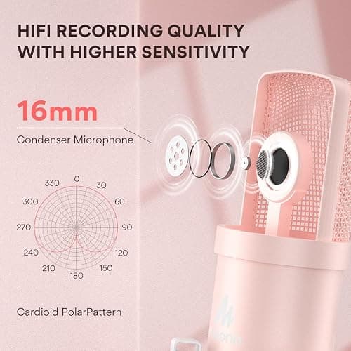 MAONO USB Microphone, 192kHz/24bit Plug & Play PC Computer Podcast Condenser Cardioid Metal Mic Kit with Professional Sound Chipset for Recording, Gaming, Singing, YouTube, AU-A04 Pink thumbnail 3