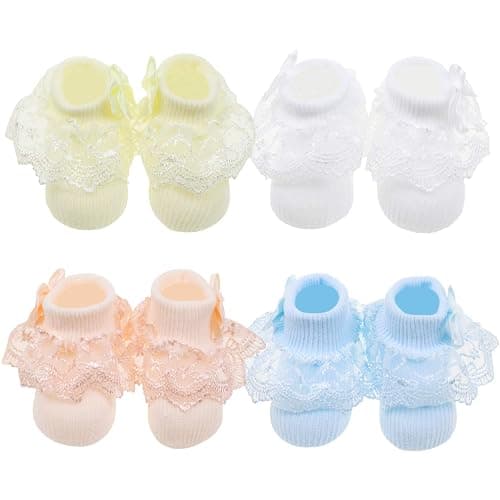 BQUBO Baby Girls Socks Eyelet Ruffle Lace Sock Baby Socks Newborn/Infant/Toddlers/Kids Frilly Summer Thin Dress Sock - 4 Pairs D: Lightsalmon, Skyblue, Lightyellow, White - 0-6 Months thumbnail 2