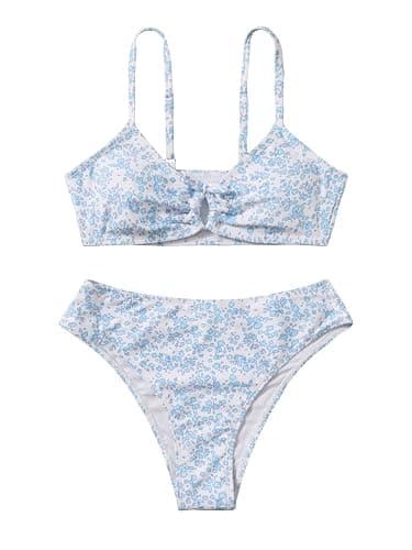COZYEASE Girls' 2 Piece Ditsy Floral Print Knot Front Ruched Triangle Bikini Swimsuit - Image 1