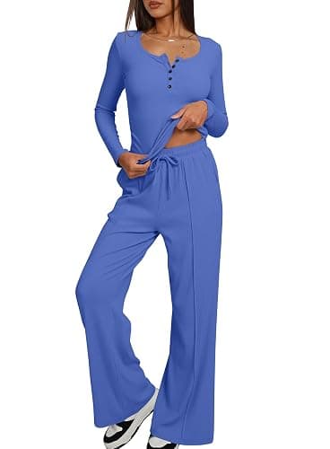 Darong Women's Fall Trendy 2 Piece Outfits Lounge Sets Long Sleeve Top Henley Shirts Wide Leg Pants Travel Clothes thumbnail 3