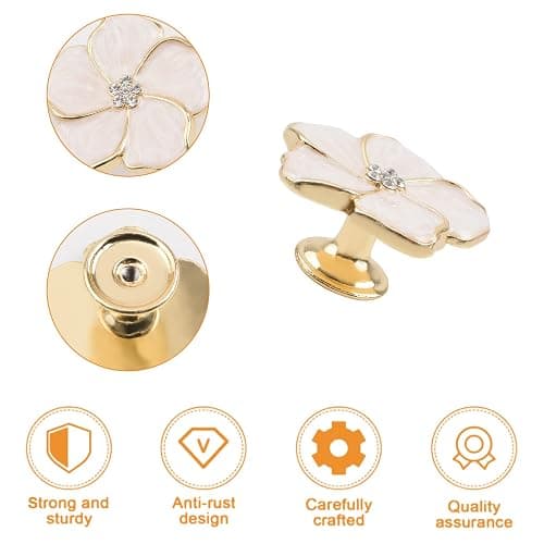 Morobor Lot de 4 boutons de tiroir créatifs en forme de pétale dorés en émail de soie, alliage de zinc, avec trou unique pour meubles thumbnail 4