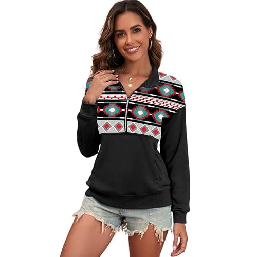 LEMAFER Women's 2024 Casual Aztec Cow Print Zipper Collar Pullover Sweatshirt Western Cowgirl Ethnic Style Hoodies thumbnail 2