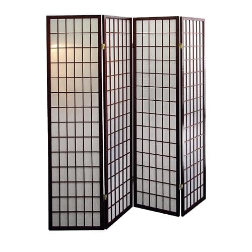 Cherry Finish Japanese Style Room Divider - 70" Tall 4-Panel Folding Privacy Screen with Wood Frame for Living Room, Bedroom, or Home Office Space Separation - Image 1