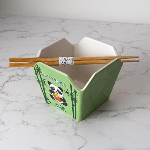 Urban Tokyo Chinese Takeout Box Style Porcelain Bowl With Chopsticks 18 fl oz Square Box Shape Rice Noodles Pasta To Go Box Shaped Bowl Microwave Dishwasher Safe (Hungry Panda) thumbnail 6