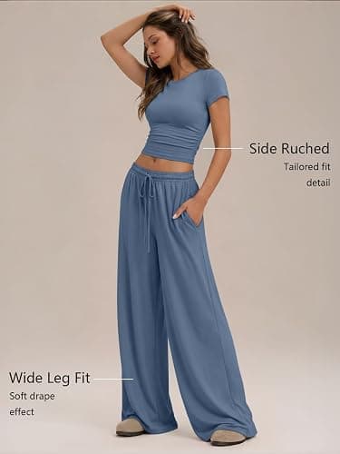 Trendy Queen Women's 2 Piece Matching Summer Lounge Set with Pockets | Vacation Airport Travel Outfits, Workout Gym Clothing Comfy Athleisure Clothes, Side-ruched Top, Drawstring Wide Leg Pants thumbnail 3