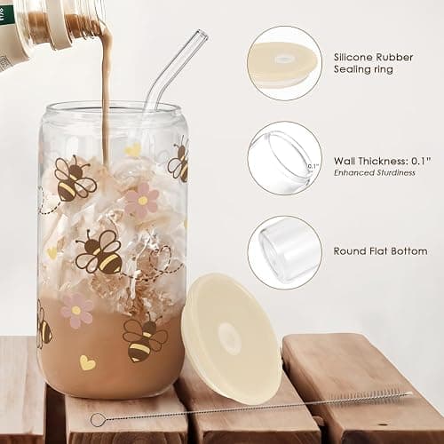 SANDJEST Bee 16oz Can Glass Tumbler with Acrylic Lid & Straw - Iced Coffee Cup for Women Girls, Aesthetic Cups Gifts for Birthday Christmas thumbnail 4