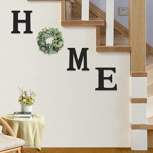 Wood Home Sign with Artificial Eucalyptus Wreath for O, Hanging Farmhouse Wall House Decor Wood Letters for Wall Art Rustic Home Decor, Wall Decor for Living Room Kitchen Entryway (Black) - Black - 9.8L" x 9.3W" thumbnail 5