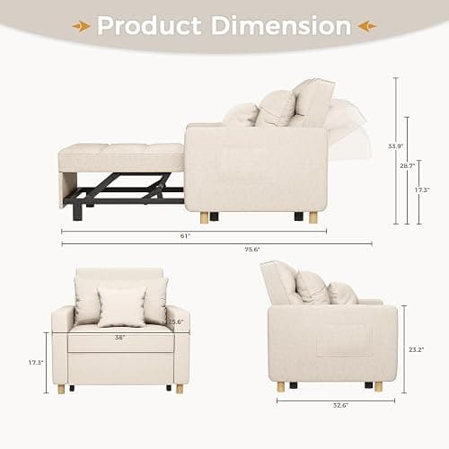 U-MAX 36" Convertible Chair Bed Sleeper Sofa, 3-in-1 Pull Out Sofa Chair with Side Pocket, Pillow and Adjustable Backrest for Small Space, RV, Apartment, Living Room in Beige thumbnail 2