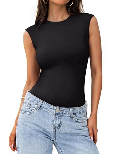 PINKMSTYLE Womens Crew Neck Sleeveless Bodysuit Double Lined Stretchy Fitted Basic Thong Body suit Tank Tops - Image 1