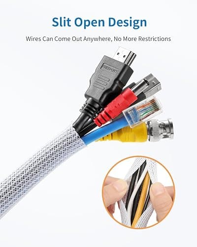 Yecaye 30ft - 1/2 inch Cord Protector Cable Sleeve, Split Braided Wire Loom Tubing for TV Computer USB Cable Power Cord, Cable Management Cord Protectors from Pets no Chew, White (with 10 Zipties) thumbnail 2