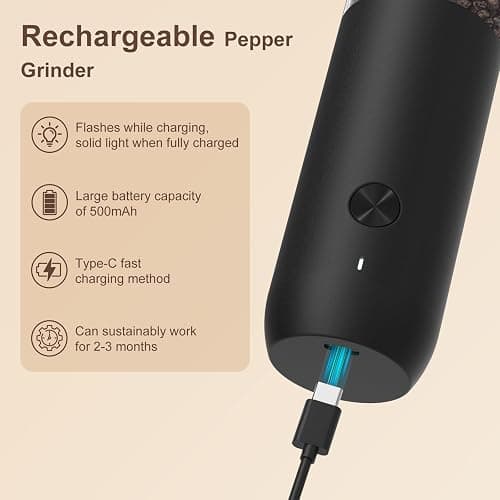 Ultrean Pepper Grinder, Rechargeable Salt and Pepper Grinder with 6 Adjustable Coarseness, LED Light, Automatic Grinder for Kitchen, Home and Kitchen Appliances Birthday Gifts for Women, Black thumbnail 4