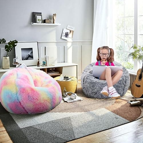 Fluffy Bean Bag Chair for Kids, 2.5FT Round Memory Foam Filled Bean Bag for Teens & Kids, Ultra Soft Faux Fur Fabric Bean Bag Chairs for Playroom, Living Room, Bedroom, Gray thumbnail 2