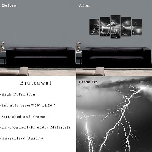 Biuteawal - Black and White Wall Art Nature Lightning Strikes in The Clouds Painting on Canvas Storm and City Night View Picture Print for Home Office Living Room Decoration Wall Decor thumbnail 6