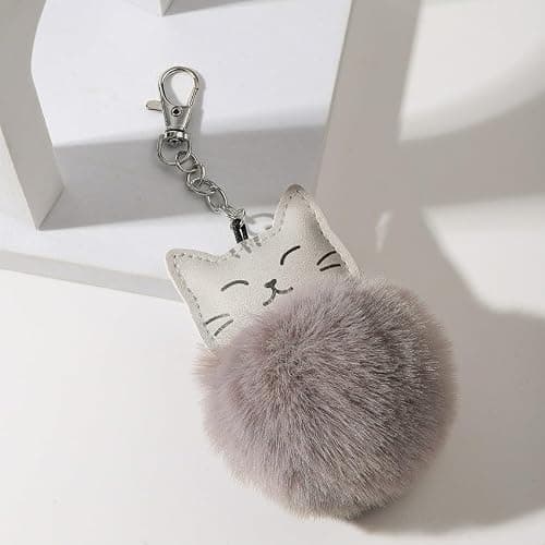 Fluffy Cat Pom Pom Ball Keychain - Cute Kitty Plush Ball Accessory Keyring for Women Bag Decoration thumbnail 2