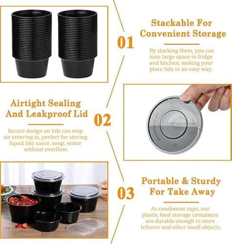Jogoico 50Pcs Round Food Containers with Lids- 150ml (5oz) Plastic Sauce Pots Small Deli Pots, Meal Prep Takeaway Containers, Reusable Portion Cups for Sauce, Dips, Salad, Restaurants, Delivery thumbnail 4