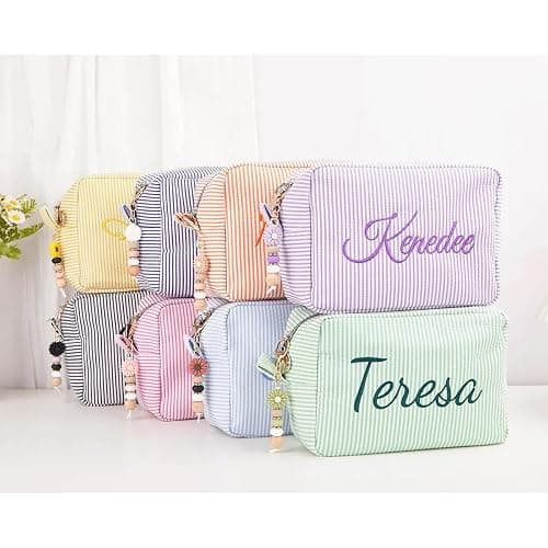 Personalized Cosmetic Bag with Name, Cute Custom Makeup Bags for Women Girls Seersucker Bridesmaid Travel Bag, Organizer Storage Pouch, Cute Pattern, Available to Match Travel Bags thumbnail 9