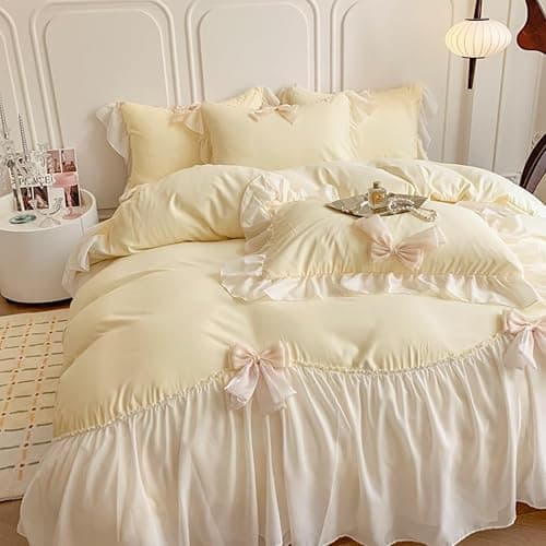 ❤️SOUKECHY Ruffled Bedding Bow Duvet Cover Set with Butterfly Tie, Full Comforter Cover Set, Shabby Chic Bedding Set,Romantic French Princess Style -Yellow,Full thumbnail 2